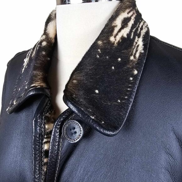 Artico Black Leather Long Trench Coat Animal Print Shearling $5,495 Size 42 - Picture 12 of 14